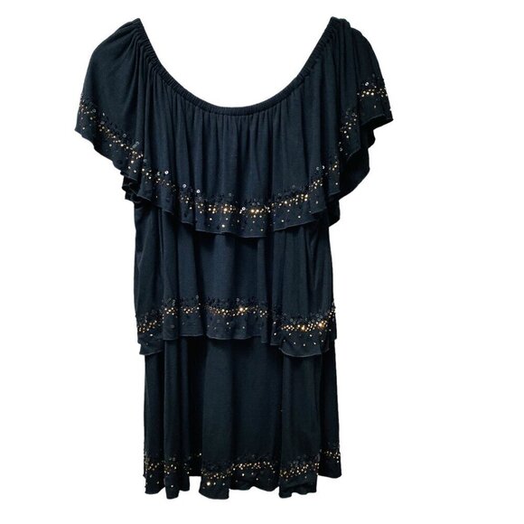 KAREN KANE Flowy Top Plus Size 2X Black Gold Sequined Ruffled Tier Peasant Tunic - Picture 1 of 9